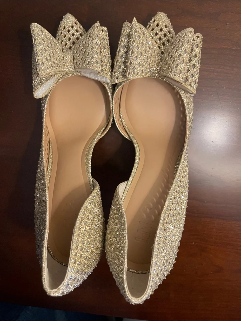 INC International Concepts Gold Glitter Pointed Toe Bow Heels - Picture 4 of 7
